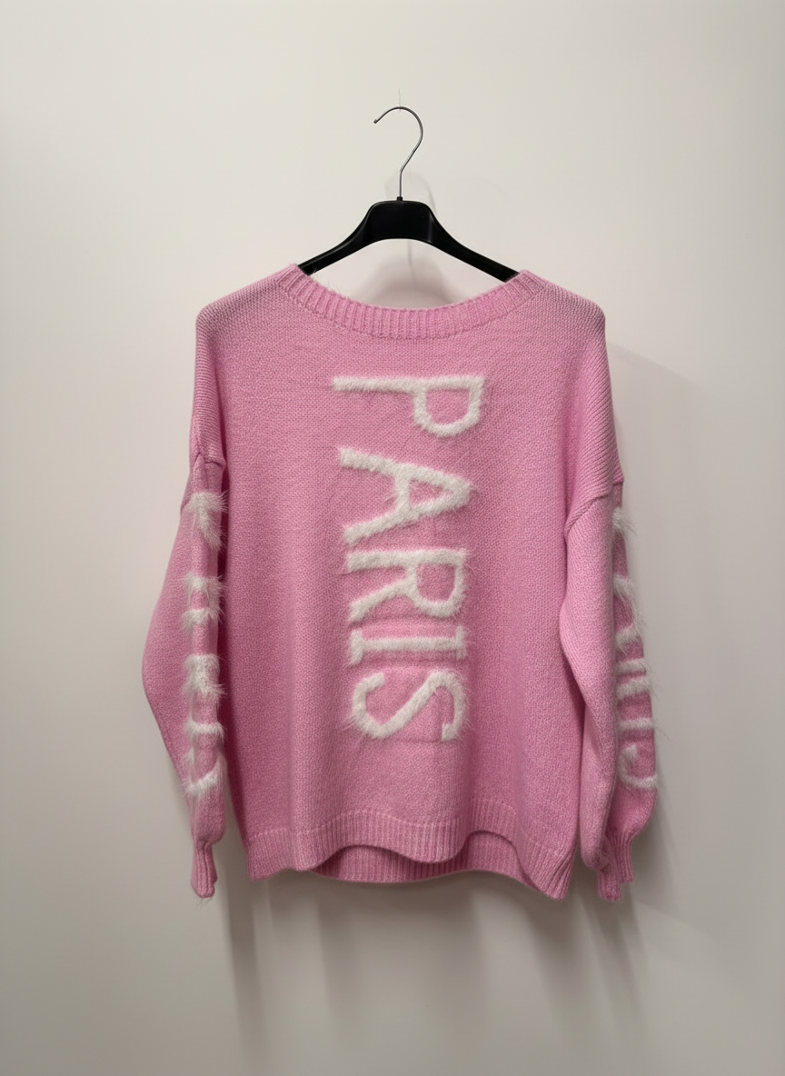 Pink PARIS sweater with neutral background