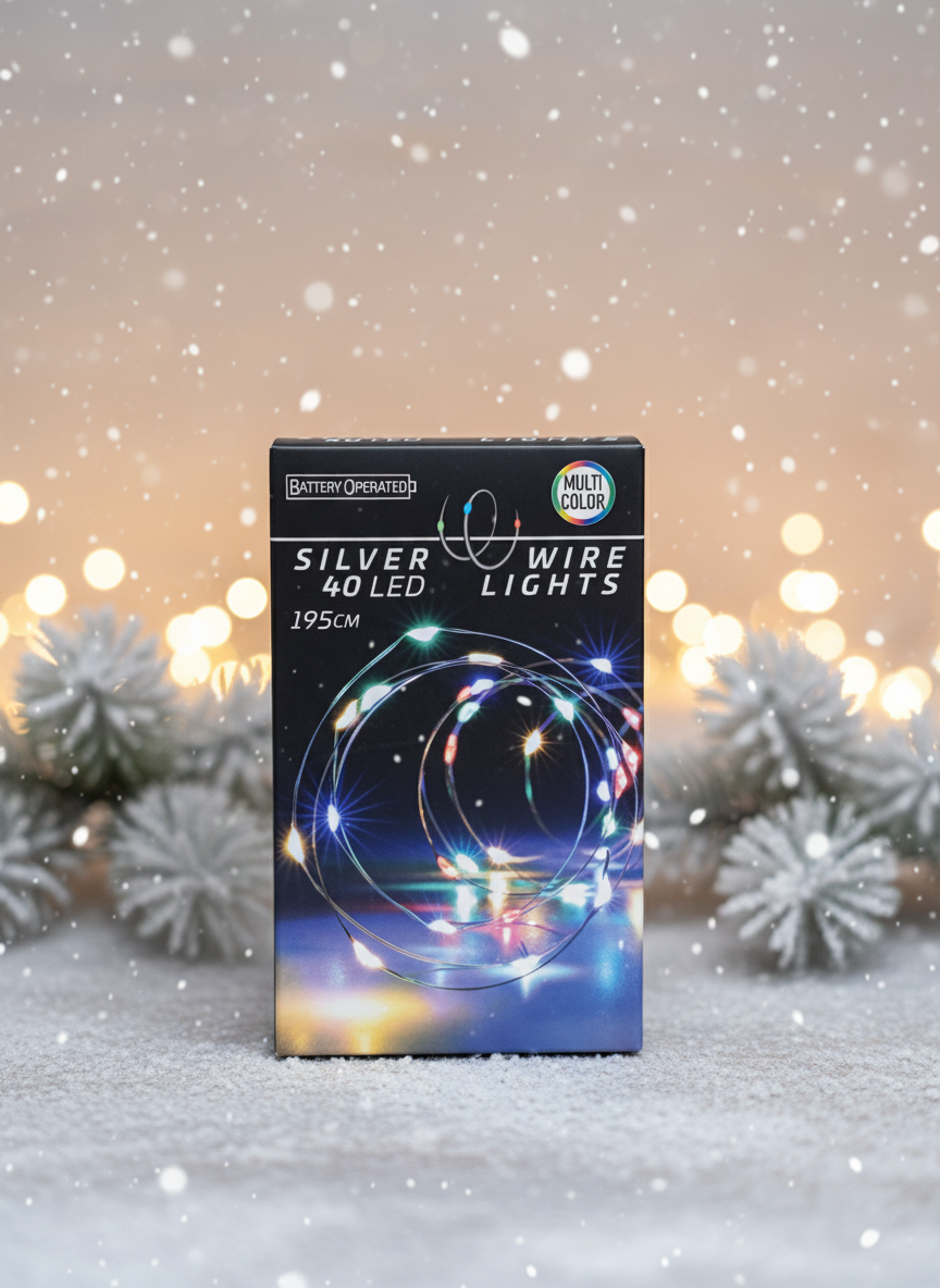 Silver wire LED lights with winter background