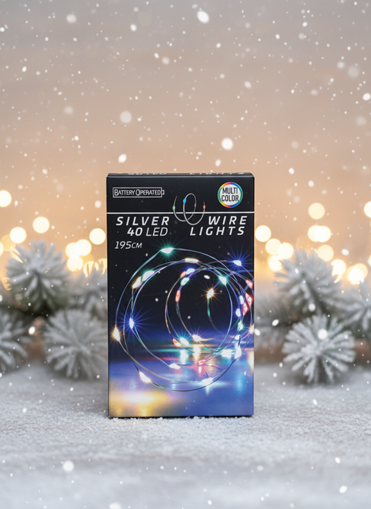 Silver wire LED lights with winter background