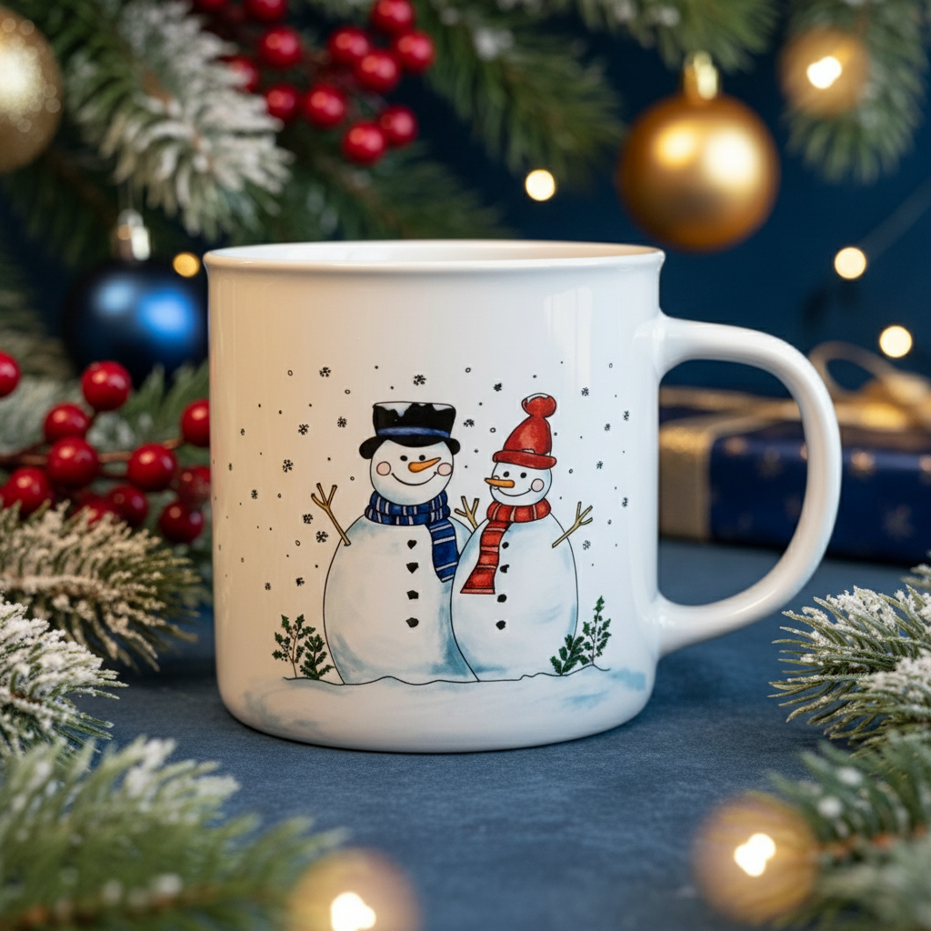 Snowman mug with Christmas background