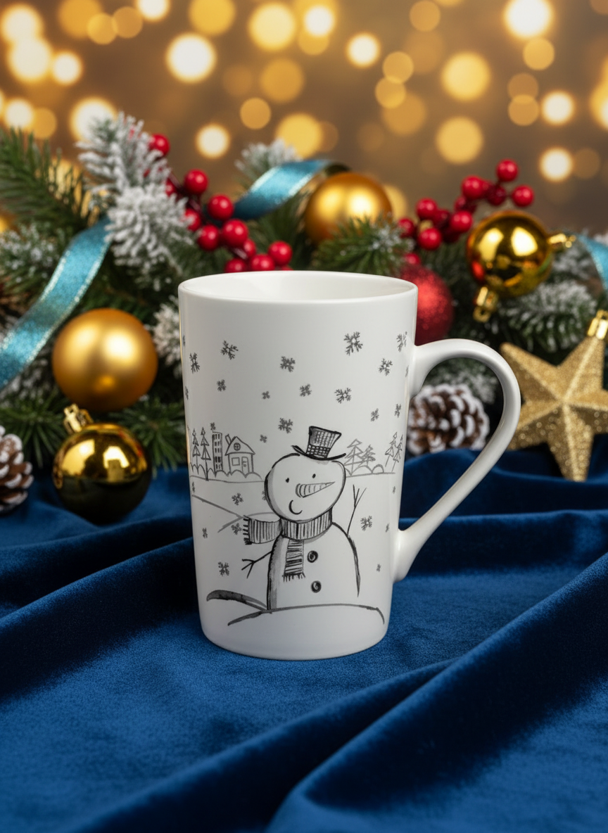 Snowman sketch mug with Christmas background