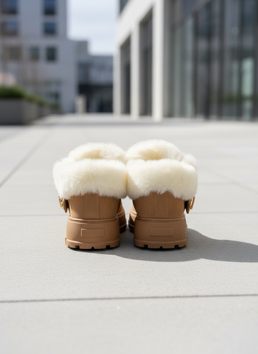 Tan winter boots alternative back view on modern street