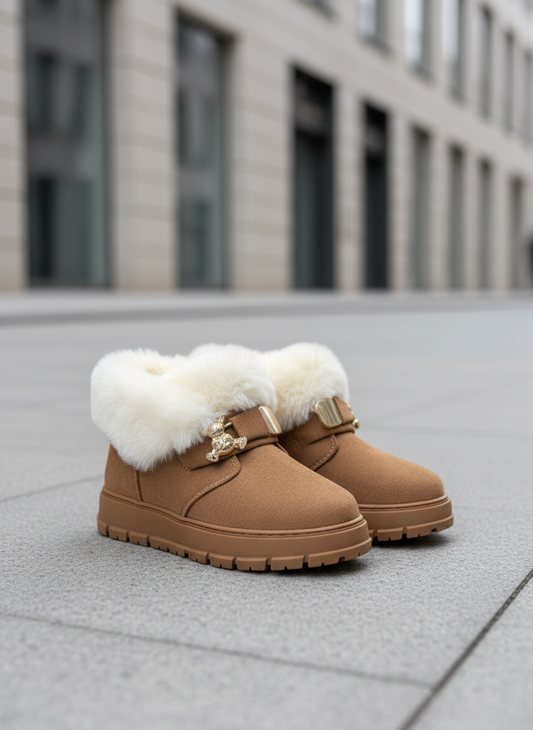 Tan winter boots angled view on modern street