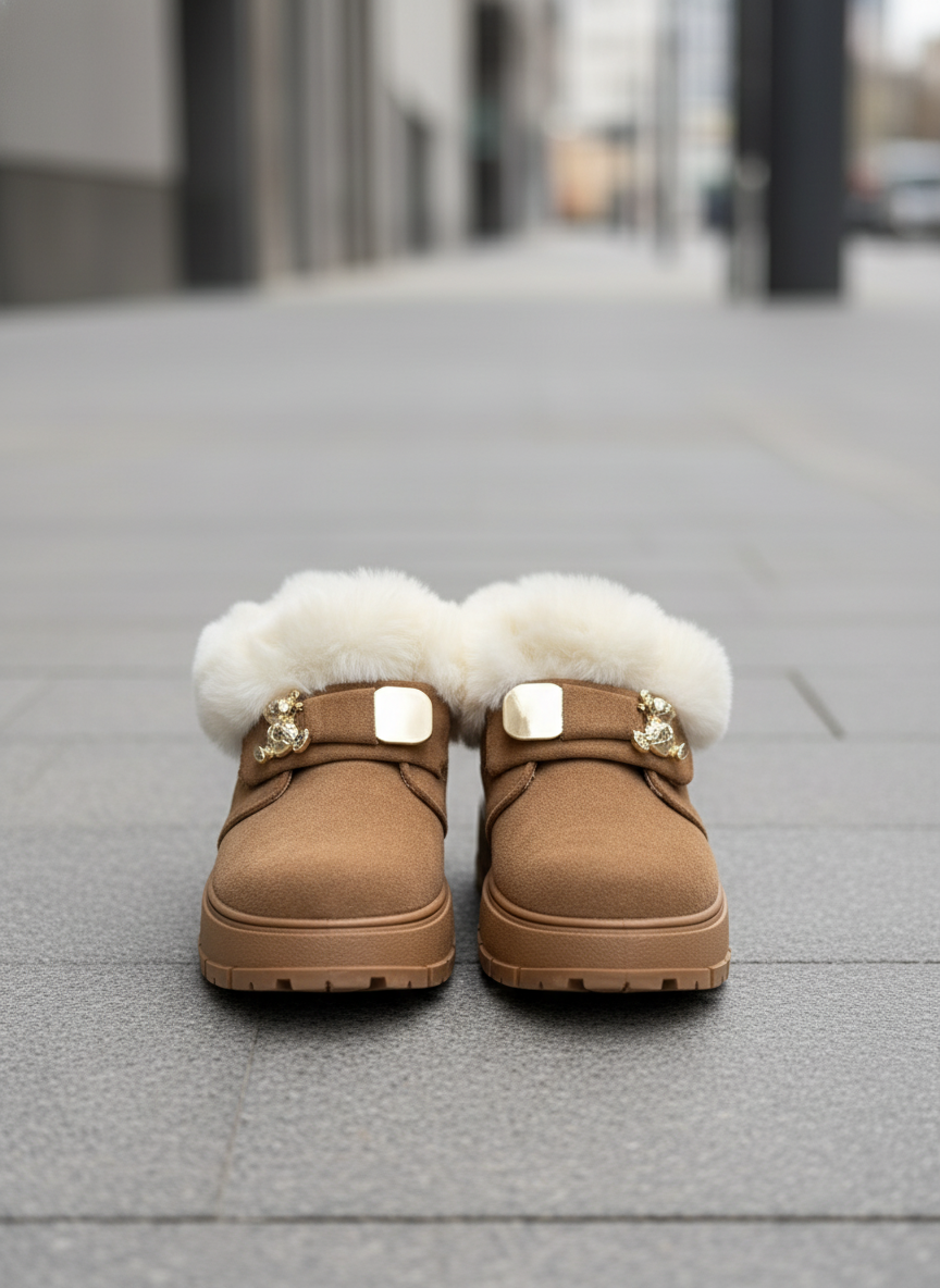 Tan winter boots front view on modern street
