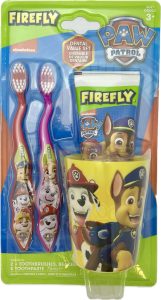 Komplekts bērnu zobu tīrīšanai - Firefly - PAW Patrol - 2 gb. zobu birstes + zobu pasta + trauks