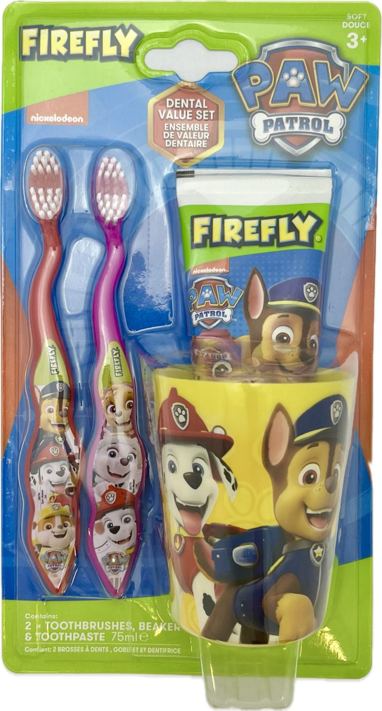 Komplekts bērnu zobu tīrīšanai – Firefly – PAW Patrol – 2 gb. zobu birstes + zobu pasta + trauks